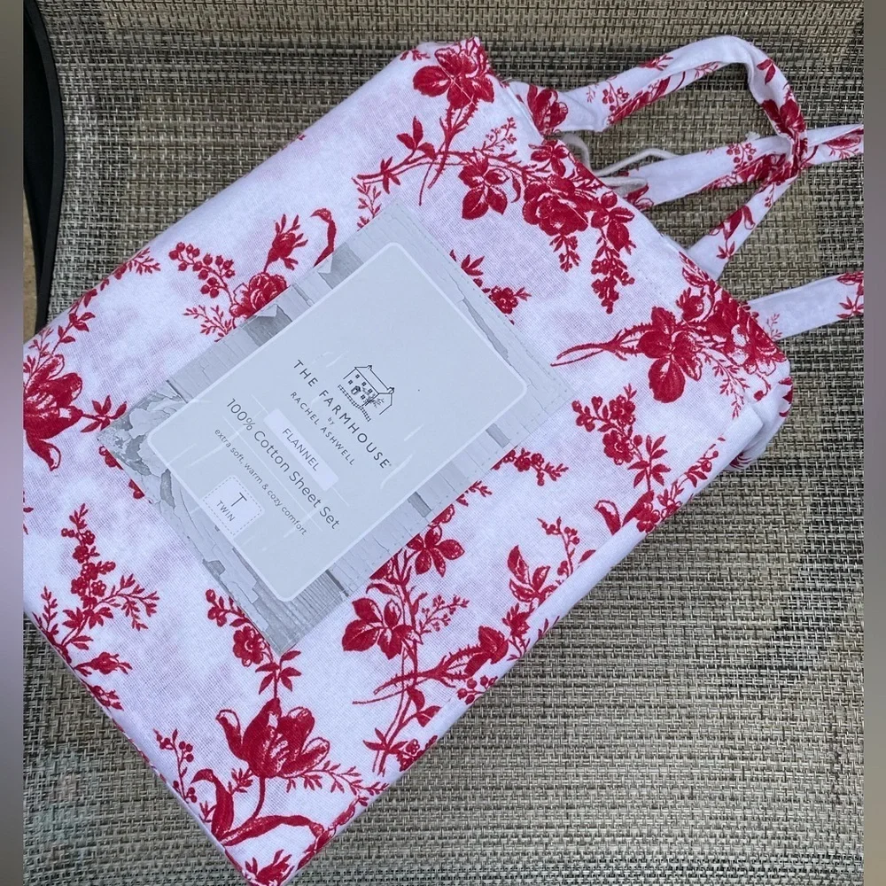 The Farmhouse Rachel Ashwell Red White Floral Flannel Cotton TWIN Sheet Set 3pc